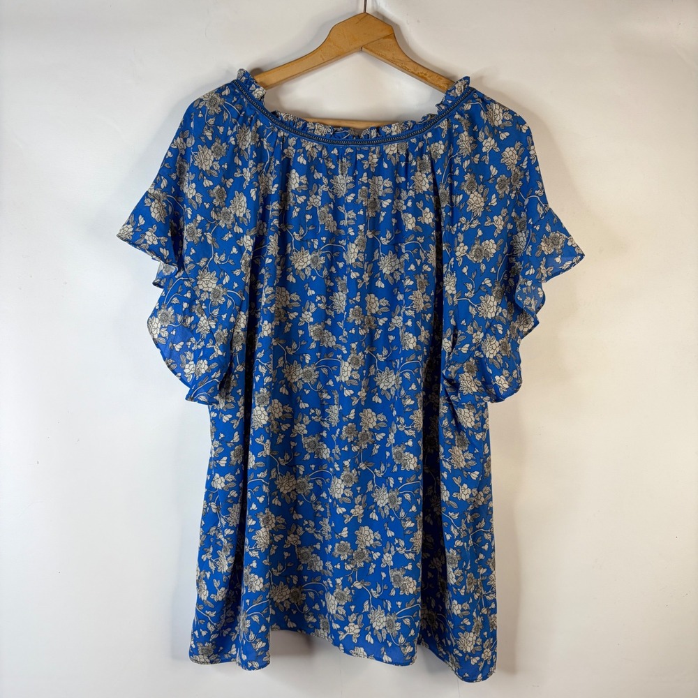 Max Studio Blouse Womens 3X Blue Floral Flutter Sleeve Split Neck Boho Top - Picture 5 of 8